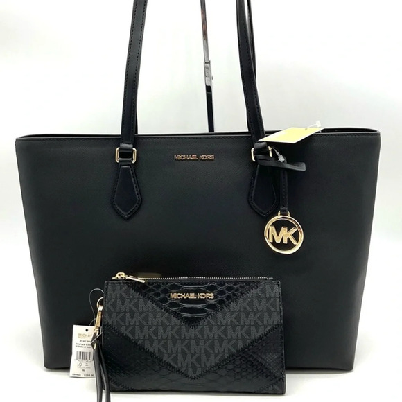 Michael Kors Bag Large Sheila Mf Tote Bag & Large Double Zip Wallet Black/Gold - Picture 1 of 14